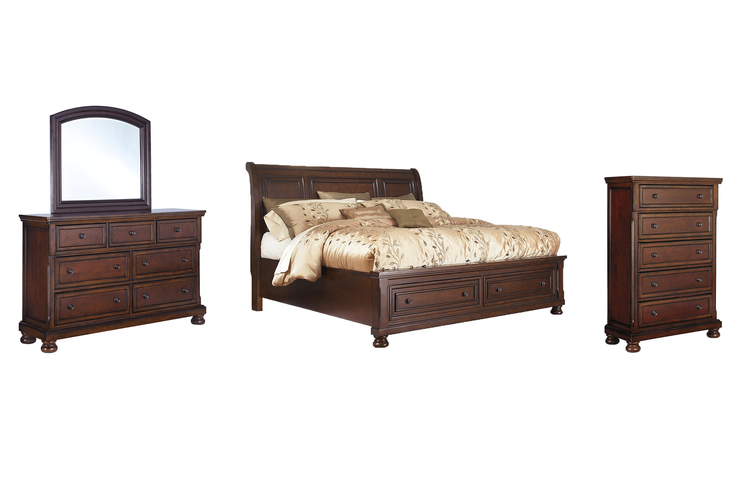 Porter California King Sleigh Bed with Mirrored Dresser and Chest
