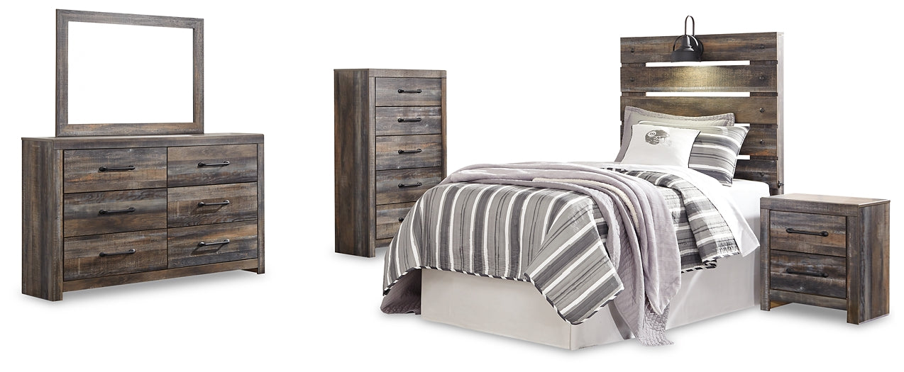 Drystan Twin Panel Headboard with Mirrored Dresser, Chest and Nightstand