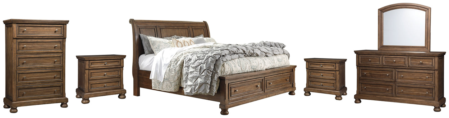 Flynnter Queen Sleigh Bed with 2 Storage Drawers with Mirrored Dresser, Chest and 2 Nightstands