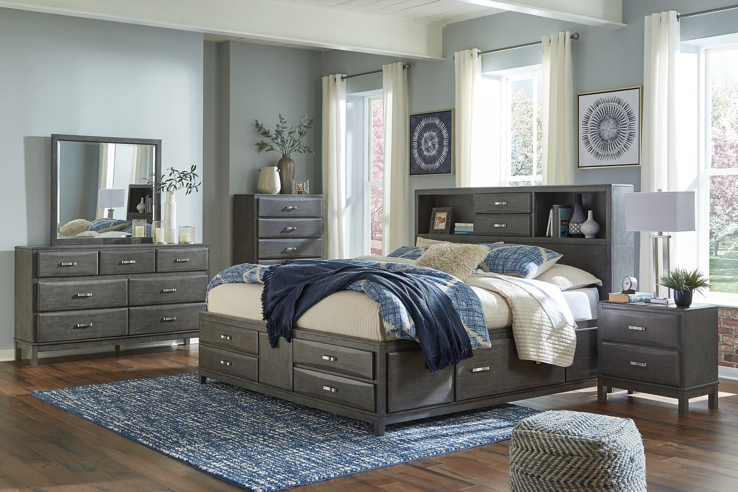 Caitbrook Queen Storage Bed with 8 Storage Drawers with Mirrored Dresser and 2 Nightstands