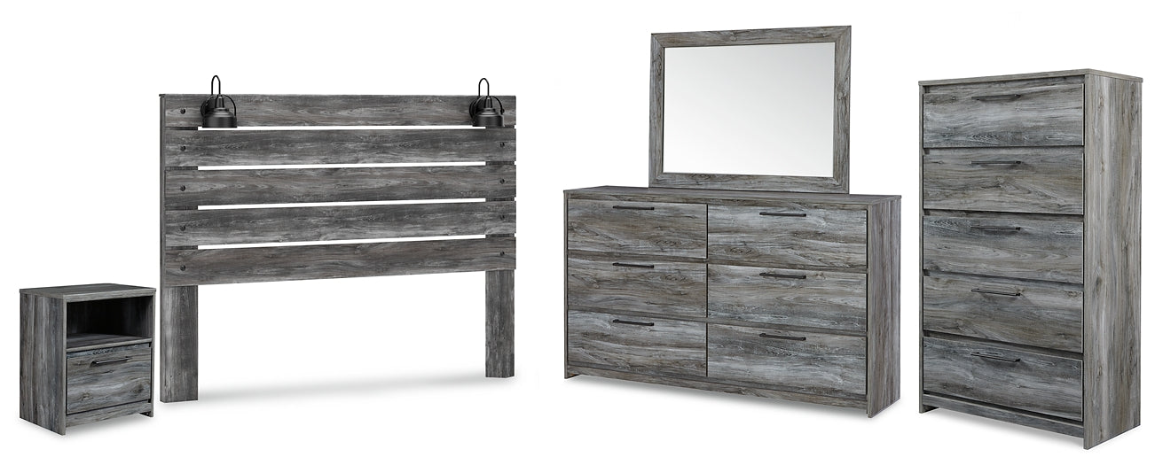 Baystorm King Panel Headboard with Mirrored Dresser, Chest and Nightstand