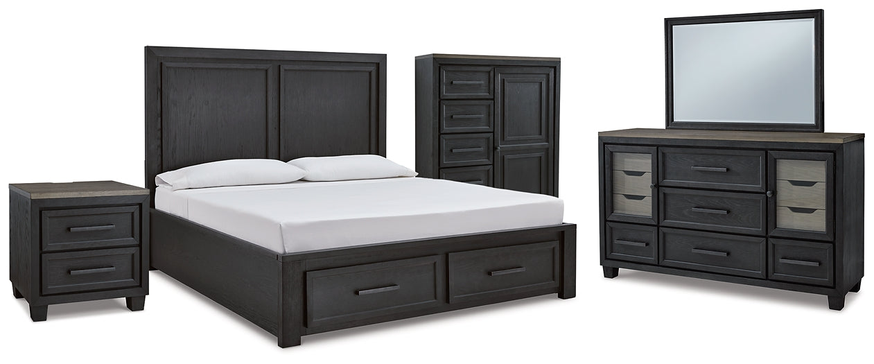 Foyland King Panel Storage Bed with Mirrored Dresser, Chest and Nightstand